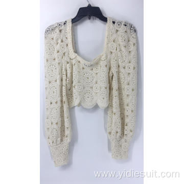 Cream Long Sleeve Crochet Crop Top